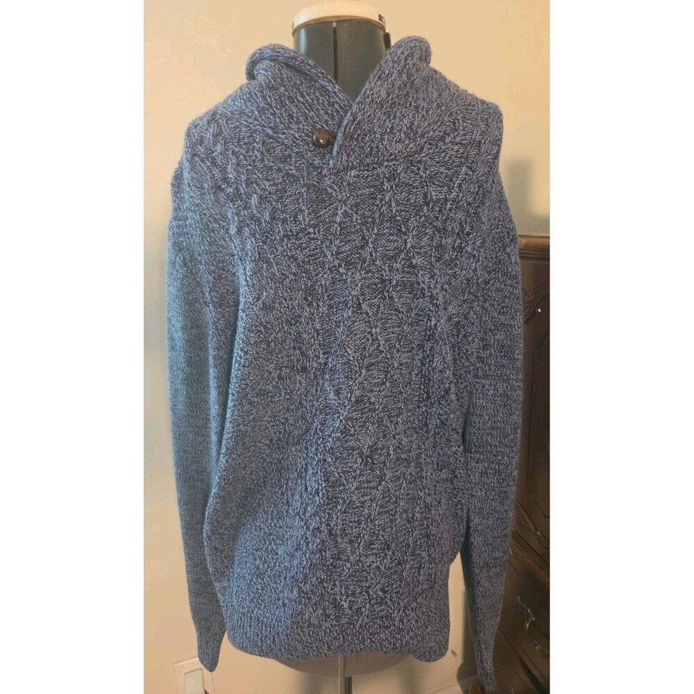 Emerald Isle Weaving Mens XL Fisherman Sweater Shawl Neck Blue Cable Knit NWOT